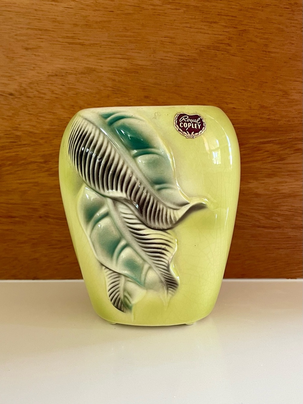 Vintage mid century Royal Copley green ceramic vase with leaf detail